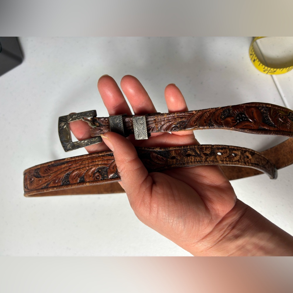 DON RICARDO STERLING TOOLED LEATHER BELT HIPPIE COUNTRY WESTERN  VTG